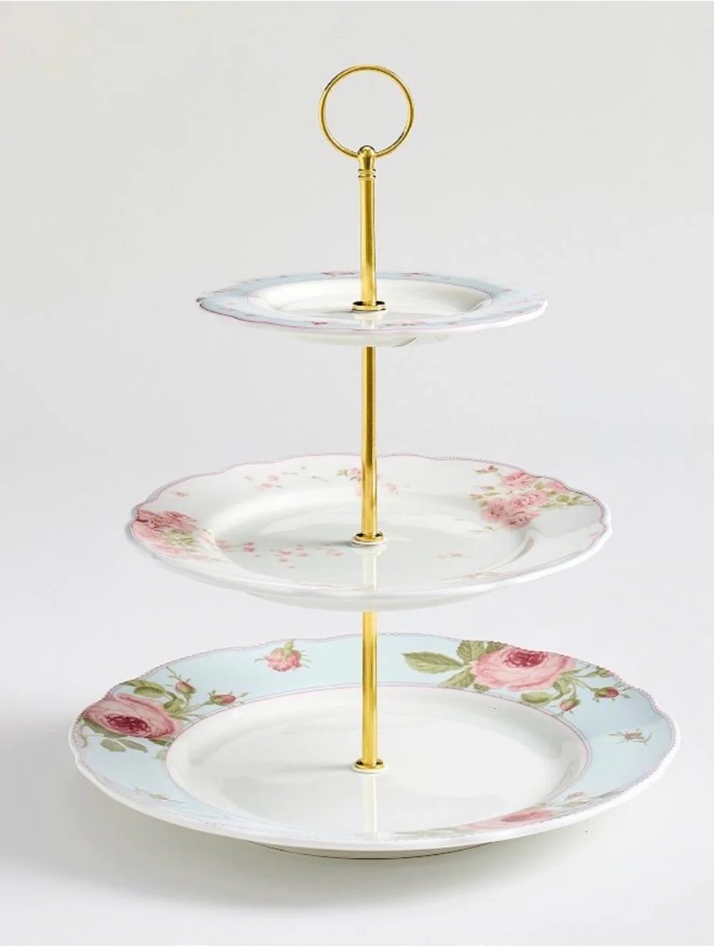 Vintage 3-Tier Cake Stand, English French China, Floral Gold Rim Dessert Stand